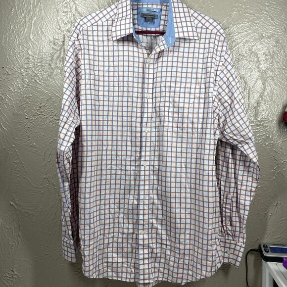 Johnston & Murphy White Long Sleeve Button Up Tailored Fit Check Shirt Mens Sz L - Picture 1 of 5